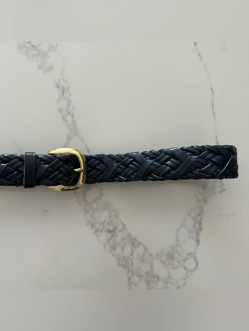 Vintage Talbots Braided Leather Belt Solid Brass Square Buckle Gloss Navy Large